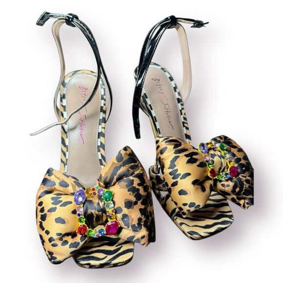 Betsey Johnson Pollie Leopard Print Satin Bow Gem Stones Women’s Heels Size 7M - Picture 10 of 10